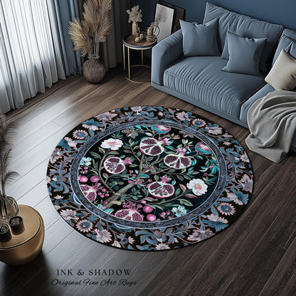 Enchanted Floral Pomegranate Rug Whimsigothic Botanical Witch Cottagecore Decor, Witchy Dark Academia Indigo Blue Forestcore Art Nouveau Rug