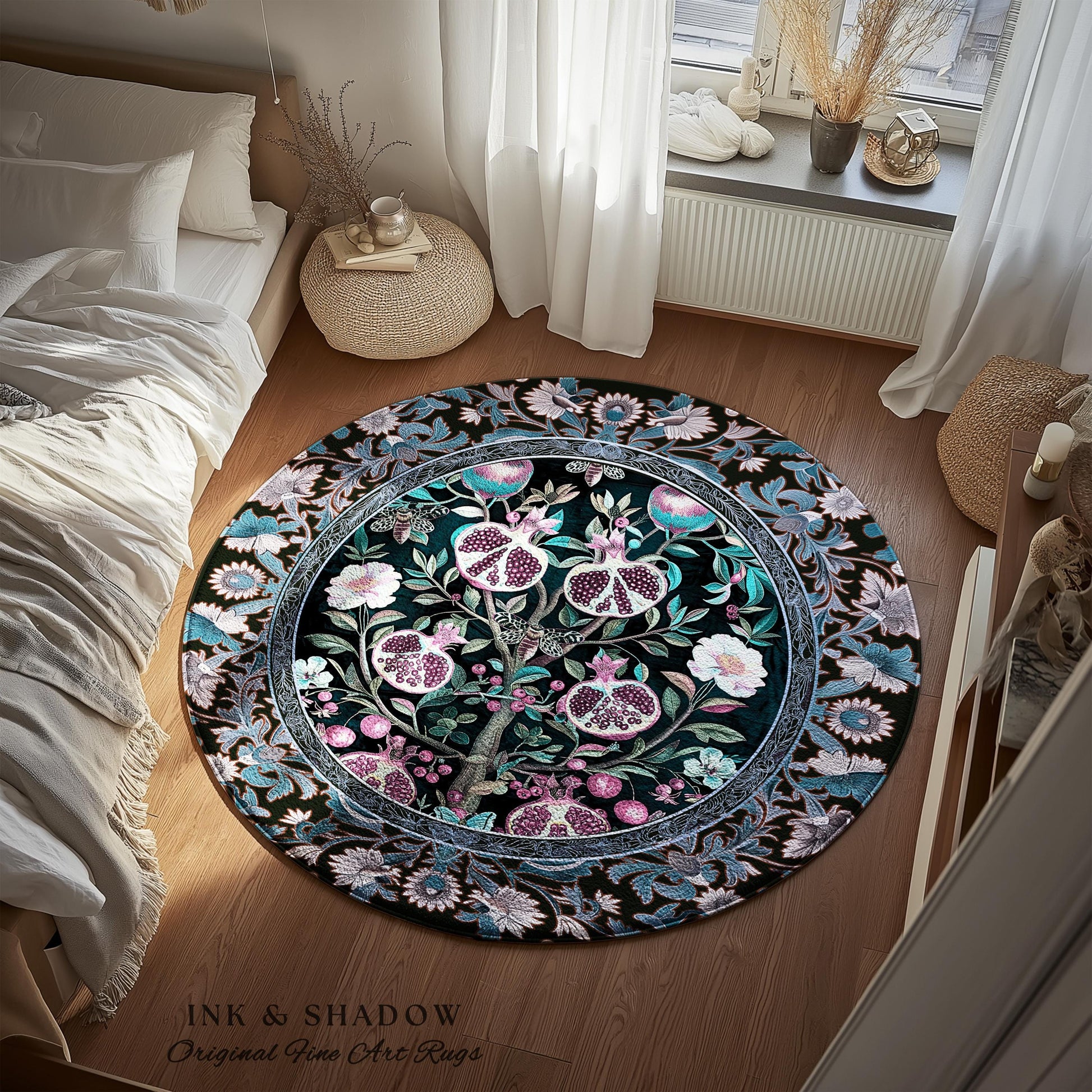 Enchanted Floral Pomegranate Rug Whimsigothic Botanical Witch Cottagecore Decor, Witchy Dark Academia Indigo Blue Forestcore Art Nouveau Rug
