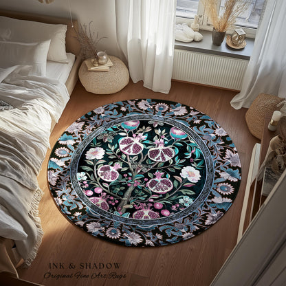 Enchanted Floral Pomegranate Rug Whimsigothic Botanical Witch Cottagecore Decor, Witchy Dark Academia Indigo Blue Forestcore Art Nouveau Rug