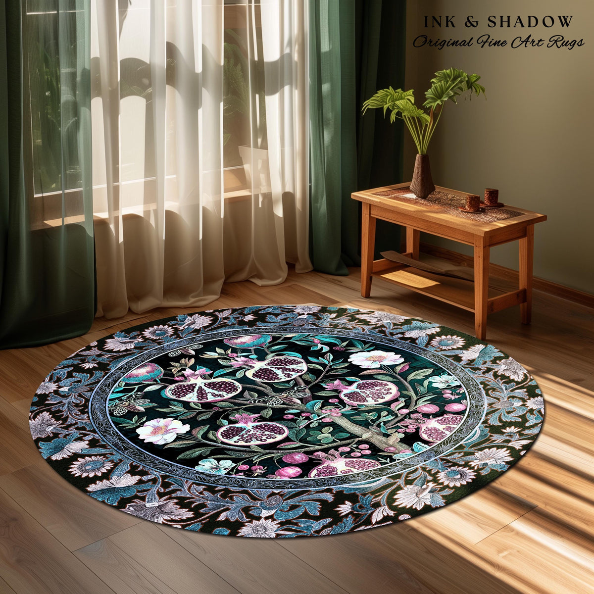 Enchanted Floral Pomegranate Rug Whimsigothic Botanical Witch Cottagecore Decor, Witchy Dark Academia Indigo Blue Forestcore Art Nouveau Rug