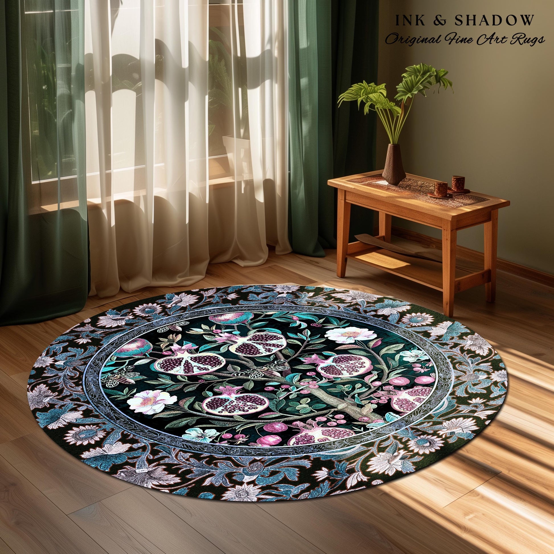 Enchanted Floral Pomegranate Rug Whimsigothic Botanical Witch Cottagecore Decor, Witchy Dark Academia Indigo Blue Forestcore Art Nouveau Rug
