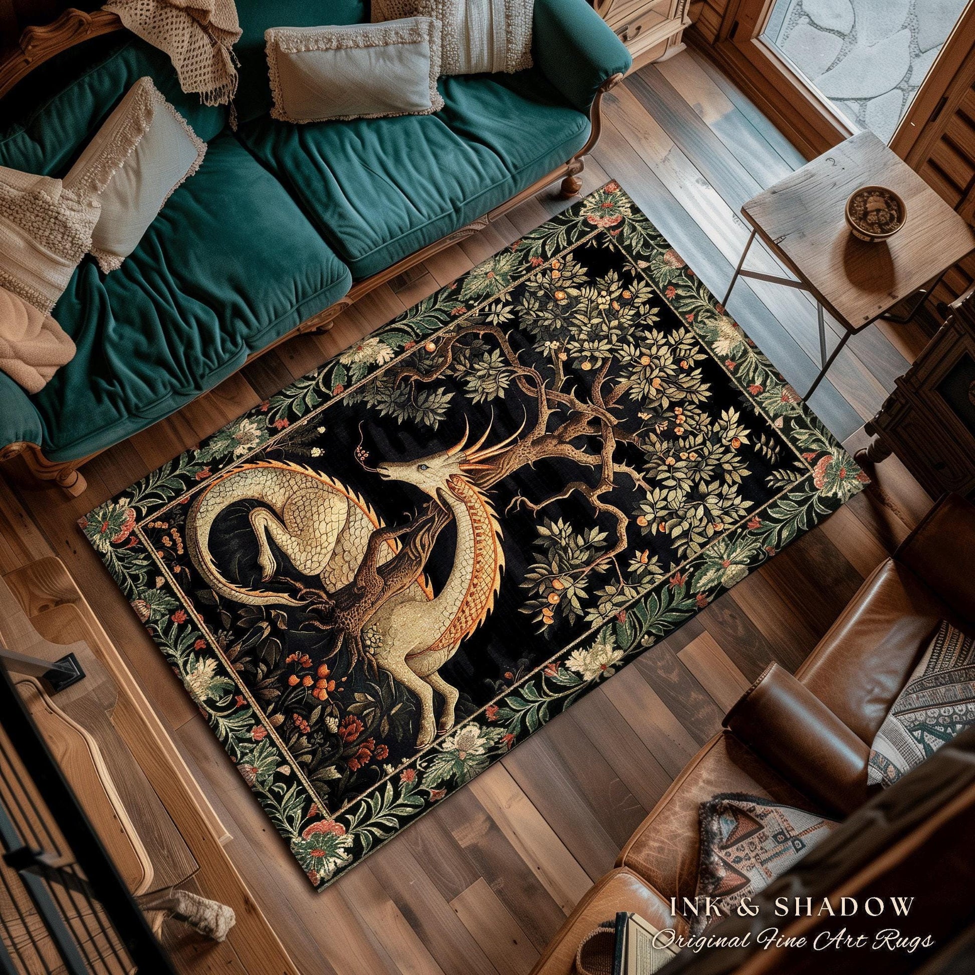Dark Academia Dragon Round Area Rug | Medieval Folklore Room Decor Fairytale Inspired DnD Gift Dark Cottagecore Fairycore Mystical Game Room