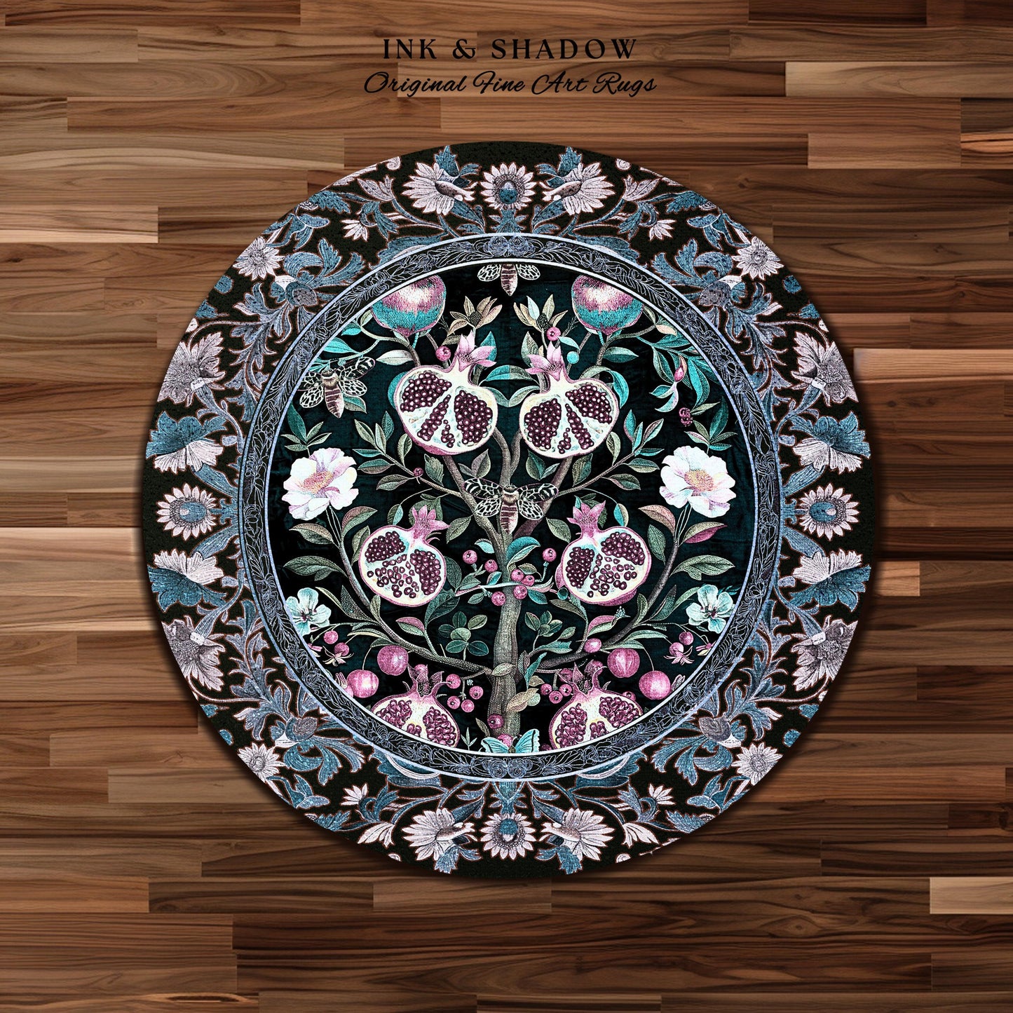 Enchanted Floral Pomegranate Rug Whimsigothic Botanical Witch Cottagecore Decor, Witchy Dark Academia Indigo Blue Forestcore Art Nouveau Rug