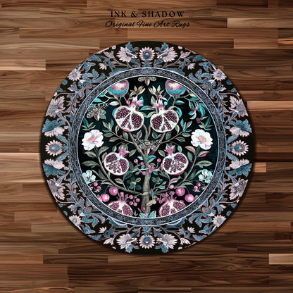 Enchanted Floral Pomegranate Rug Whimsigothic Botanical Witch Cottagecore Decor, Witchy Dark Academia Indigo Blue Forestcore Art Nouveau Rug