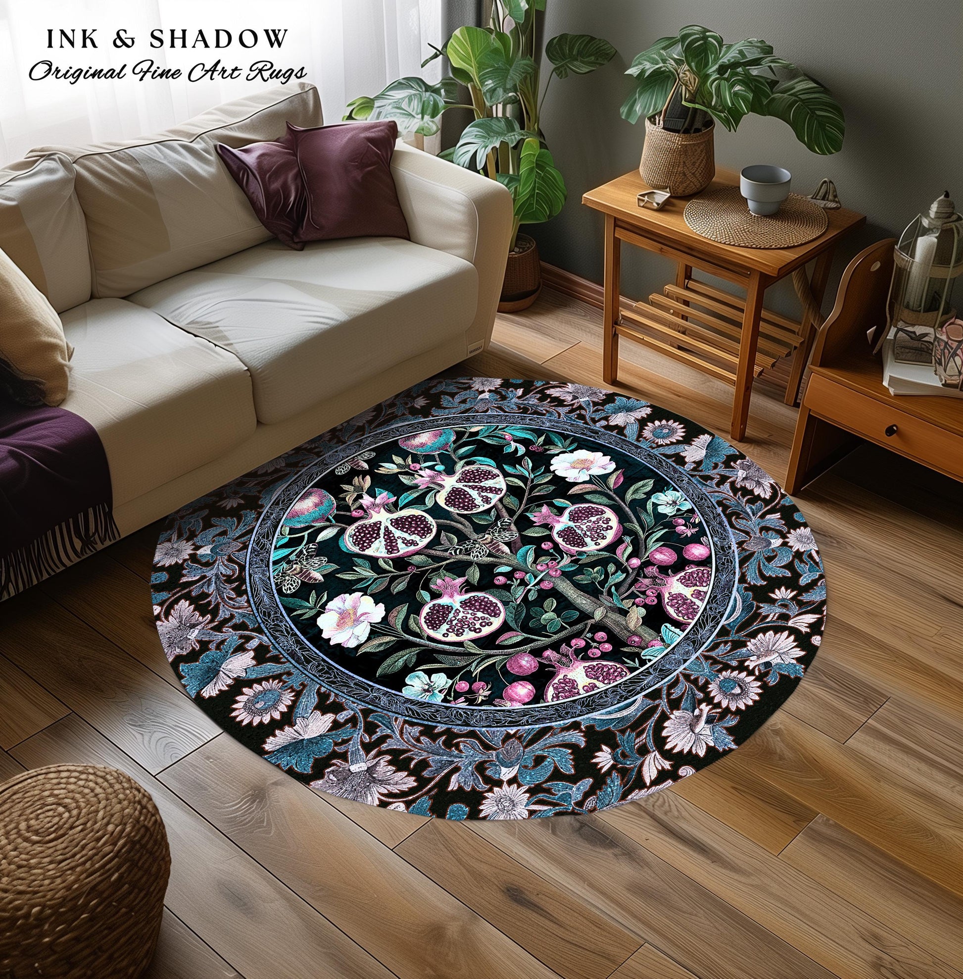 Enchanted Floral Pomegranate Rug Whimsigothic Botanical Witch Cottagecore Decor, Witchy Dark Academia Indigo Blue Forestcore Art Nouveau Rug