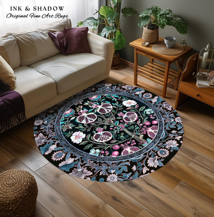 Enchanted Floral Pomegranate Rug Whimsigothic Botanical Witch Cottagecore Decor, Witchy Dark Academia Indigo Blue Forestcore Art Nouveau Rug