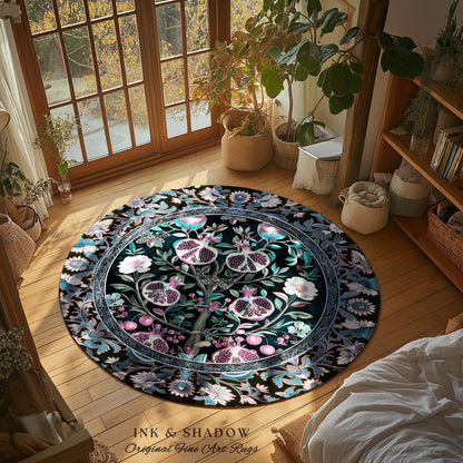Enchanted Floral Pomegranate Rug Whimsigothic Botanical Witch Cottagecore Decor, Witchy Dark Academia Indigo Blue Forestcore Art Nouveau Rug