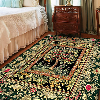 Storybook Gothic Cherry Tree Rug | Romantic Woodland Botanical Fruit Design Ornate Floral Tapestry Baroque Garden Accent Medieval Home Decor