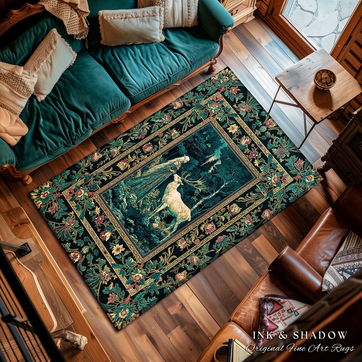 Moody Magic Forest Spirits Accent Rug | Dark Nature Renaissance Botanical Cottagecore Medieval Folklore Inspired Fantasy Deer Area Rug |