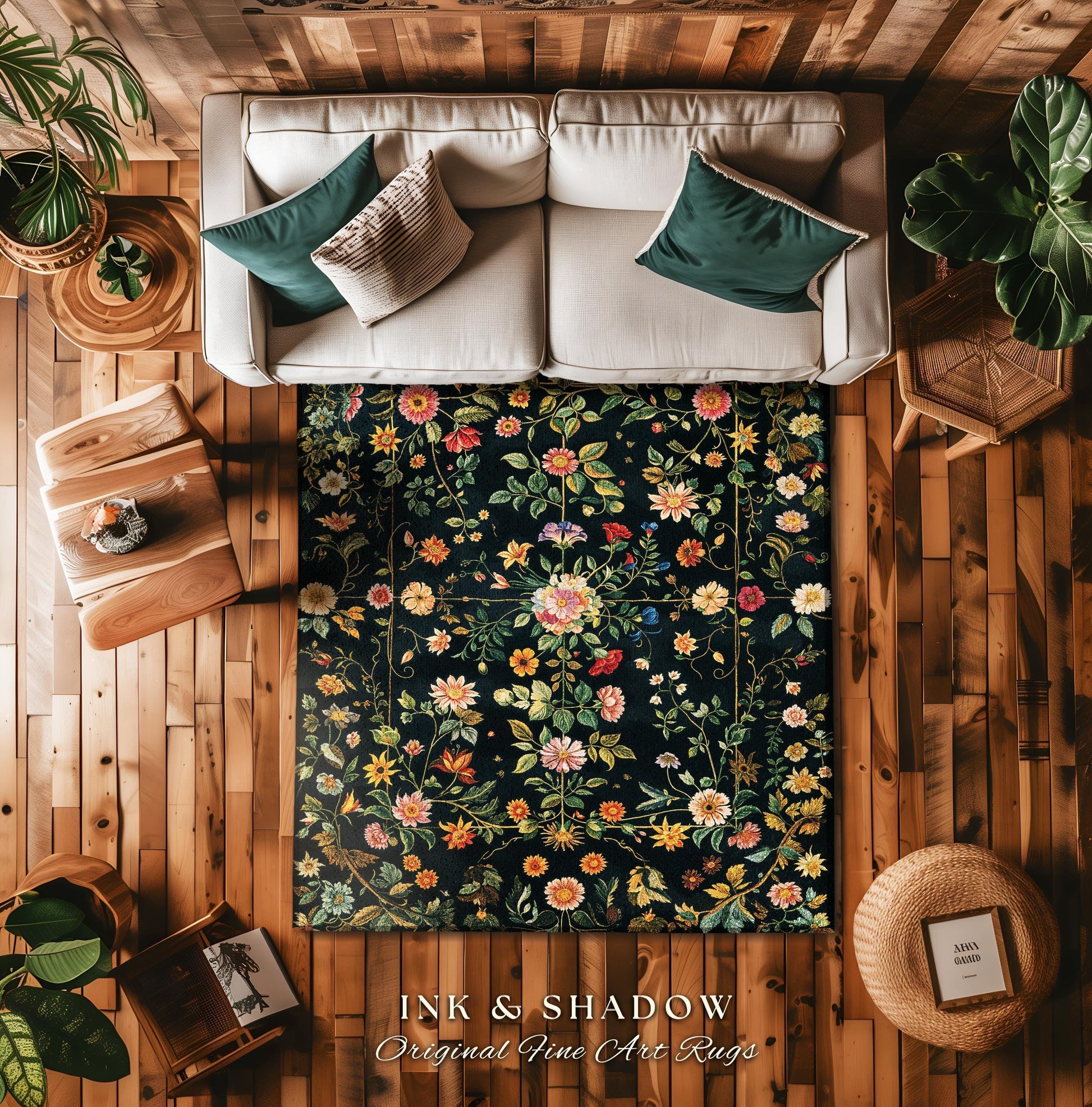 Vintage Dark Academia Wildflower Rug | Floral Aesthetic Ornate Gothic Home Decor Whimsical Rustic Housewarming Gift Ethereal Dark Academia