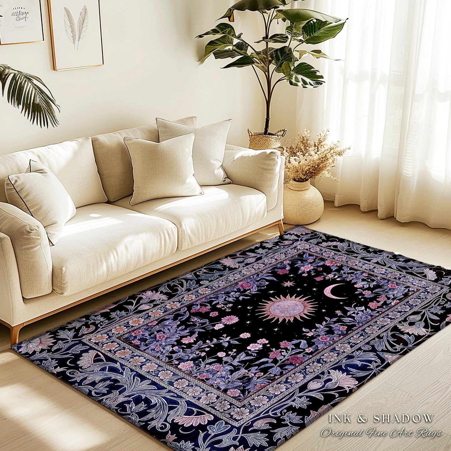 Midnight Lavender Celestial Rug | Witchy Pastel Tarot-Inspired Bohemian Sun and Moon Maximalist Astrology Whimsical Purple Bedroom Decor |