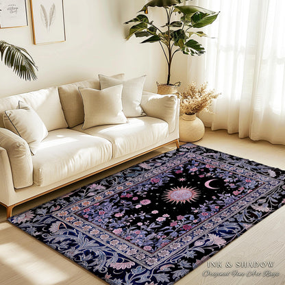 Midnight Lavender Celestial Rug | Witchy Pastel Tarot-Inspired Bohemian Sun and Moon Maximalist Astrology Whimsical Purple Bedroom Decor |