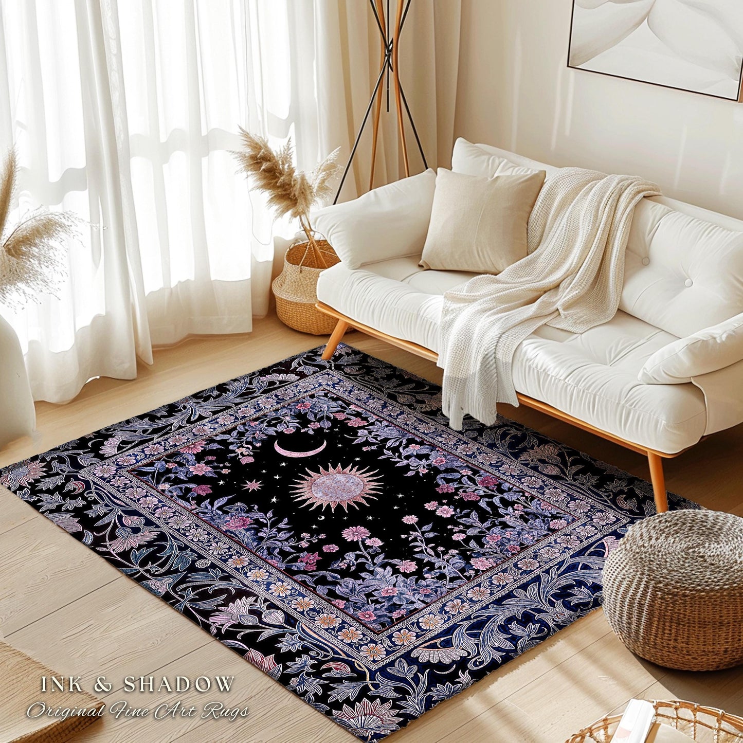 Midnight Lavender Celestial Rug | Witchy Pastel Tarot-Inspired Bohemian Sun and Moon Maximalist Astrology Whimsical Purple Bedroom Decor |