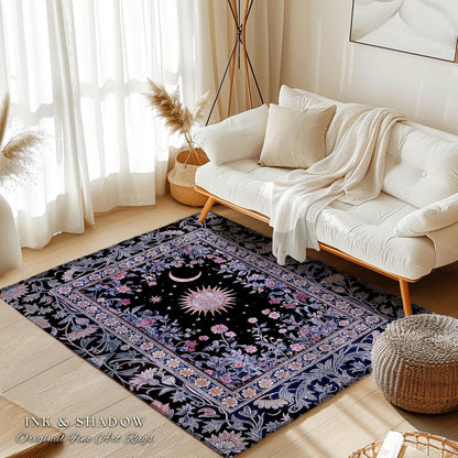 Midnight Lavender Celestial Rug | Witchy Pastel Tarot-Inspired Bohemian Sun and Moon Maximalist Astrology Whimsical Purple Bedroom Decor |
