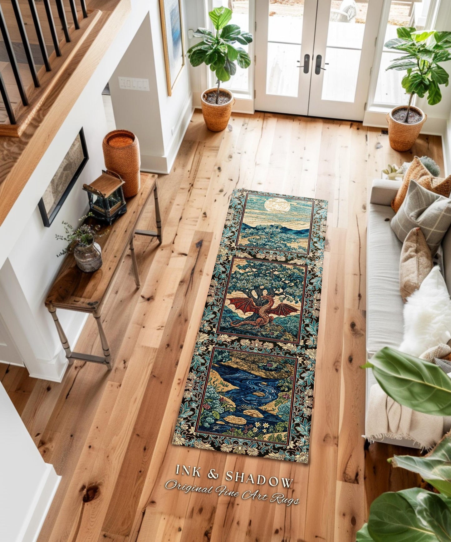 Dark Magic Medieval Dragon Area Rug | Fantasy Aesthetic Gothic Baroque Bedroom Tree of Life Mythical Creatures Bedroom Book Nook Carpet Rug