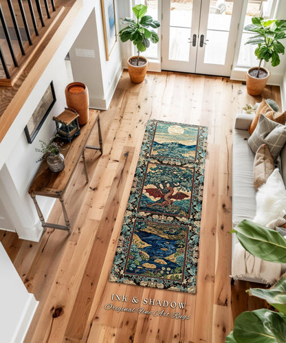 Dark Magic Medieval Dragon Area Rug | Fantasy Aesthetic Gothic Baroque Bedroom Tree of Life Mythical Creatures Bedroom Book Nook Carpet Rug