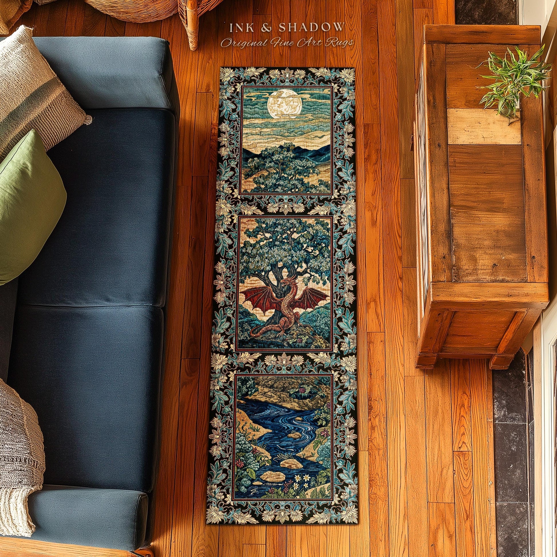 Dark Magic Medieval Dragon Area Rug | Fantasy Aesthetic Gothic Baroque Bedroom Tree of Life Mythical Creatures Bedroom Book Nook Carpet Rug