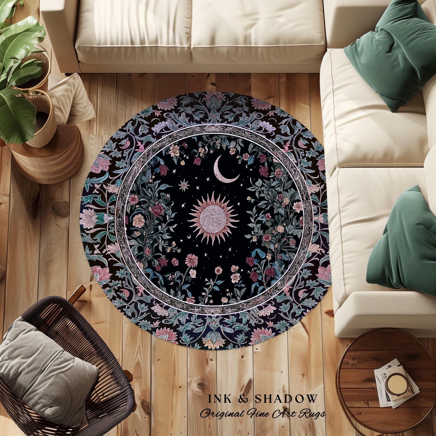 Midnight Lavender Celestial Rug | Witchy Pastel Tarot-Inspired Bohemian Sun and Moon Maximalist Astrology Whimsical Purple Bedroom Decor |