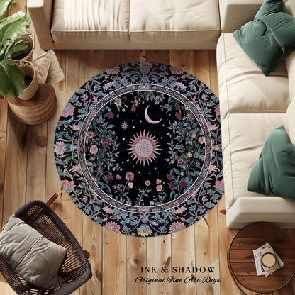 Midnight Lavender Celestial Rug | Witchy Pastel Tarot-Inspired Bohemian Sun and Moon Maximalist Astrology Whimsical Purple Bedroom Decor |