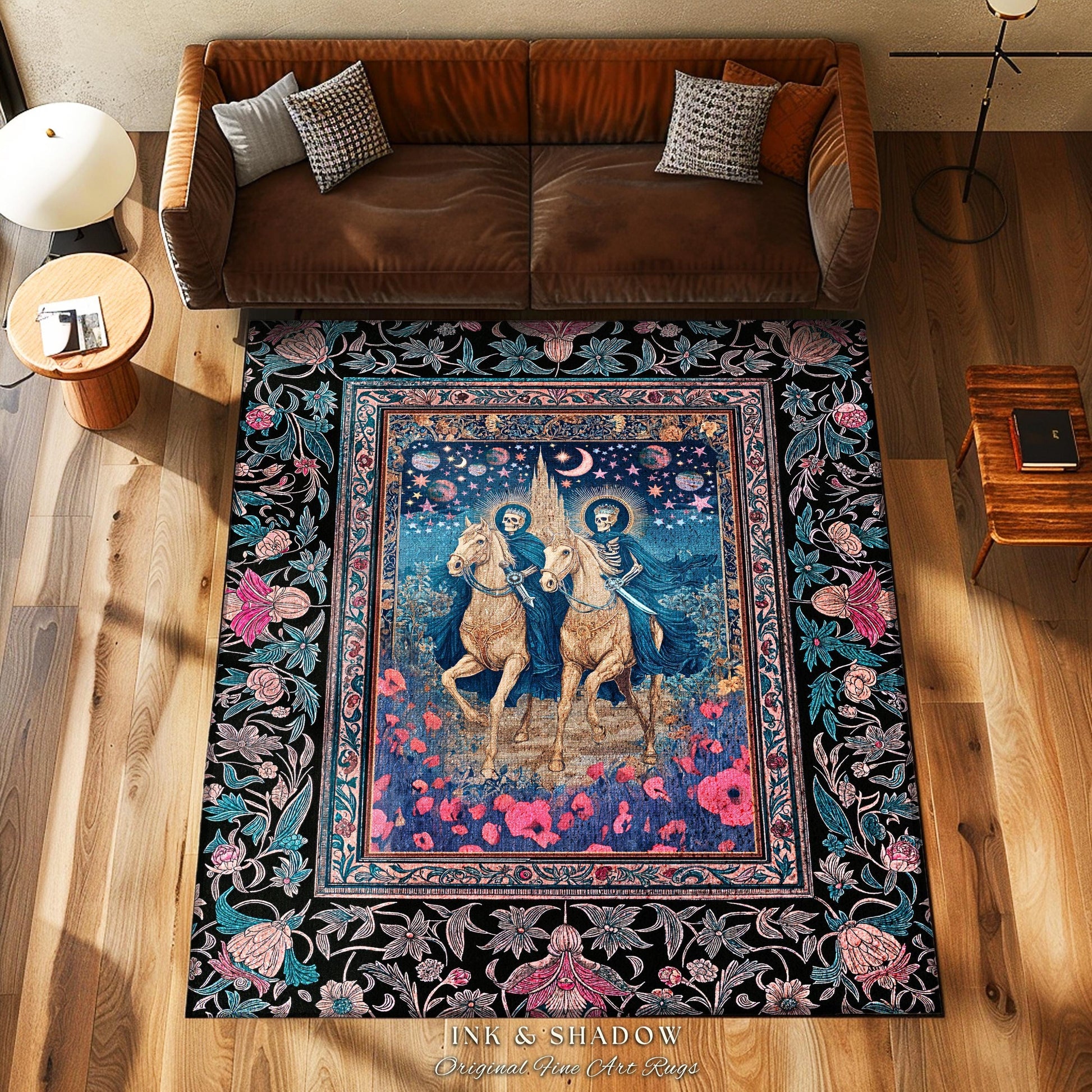 Poppy Field Skeleton Couple Area Rug | Floral Baroque Castle Aesthetic Celestial Horsemen Gothic Lovers Fantasy Bedroom Accent Mystic Decor