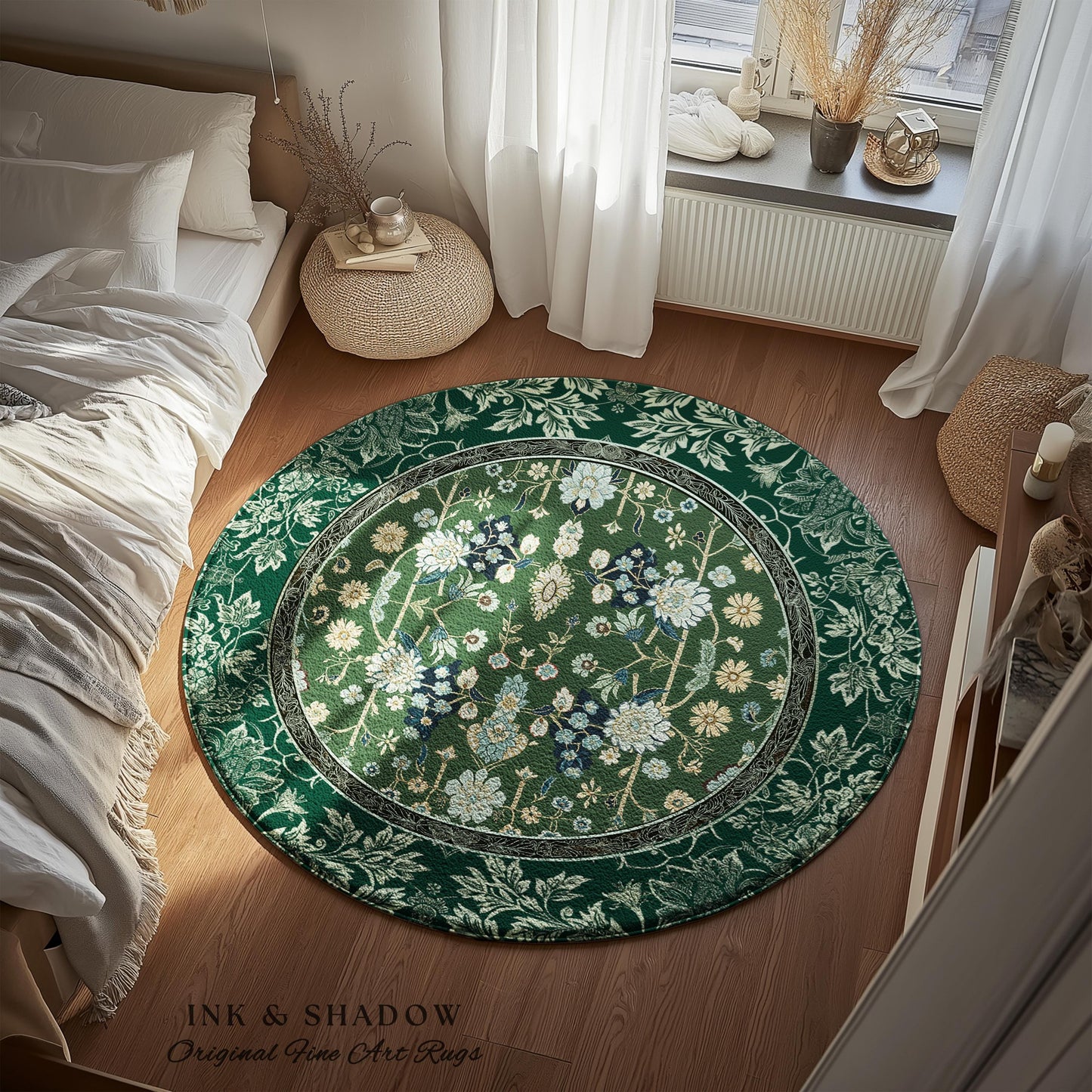 Muted Green Boho Round Area Rug | Rustic Aesthetic Living Room Pastel Green Home Decor Housewarming Gift Cottagecore Green Bedroom Floor Mat