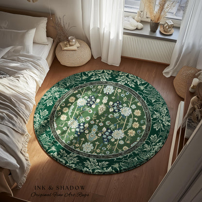Muted Green Boho Round Area Rug | Rustic Aesthetic Living Room Pastel Green Home Decor Housewarming Gift Cottagecore Green Bedroom Floor Mat