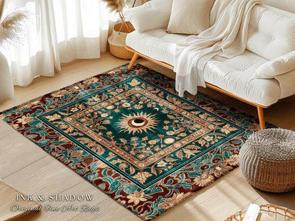 Moon and Sun Ethereal Bohemian Rug | Celestial Tarot Aesthetic Zodiac Inspired Floral Maximalist Bedroom Ethereal Astrology Witchy Area Rug
