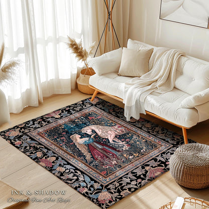 Mystic Fairytale Unicorn Area Rug | Renaissance Aesthetic Gloomy Coquette Home Decor Accent Dark Cottagecore Storybook Gothic Theme Bedroom