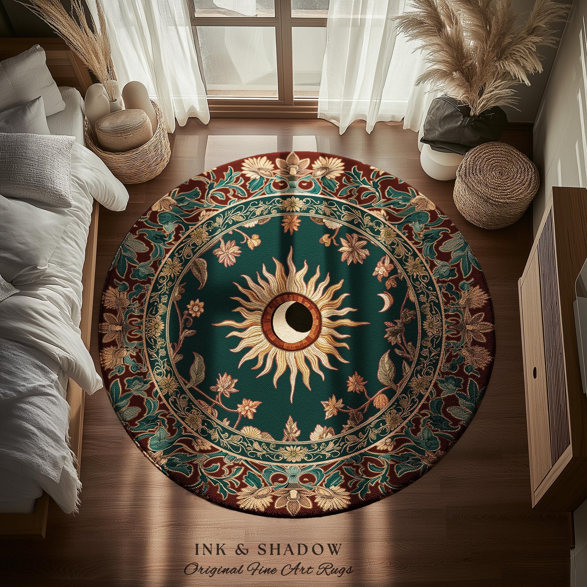 Moon and Sun Ethereal Bohemian Rug | Celestial Tarot Aesthetic Zodiac Inspired Floral Maximalist Bedroom Ethereal Astrology Witchy Area Rug