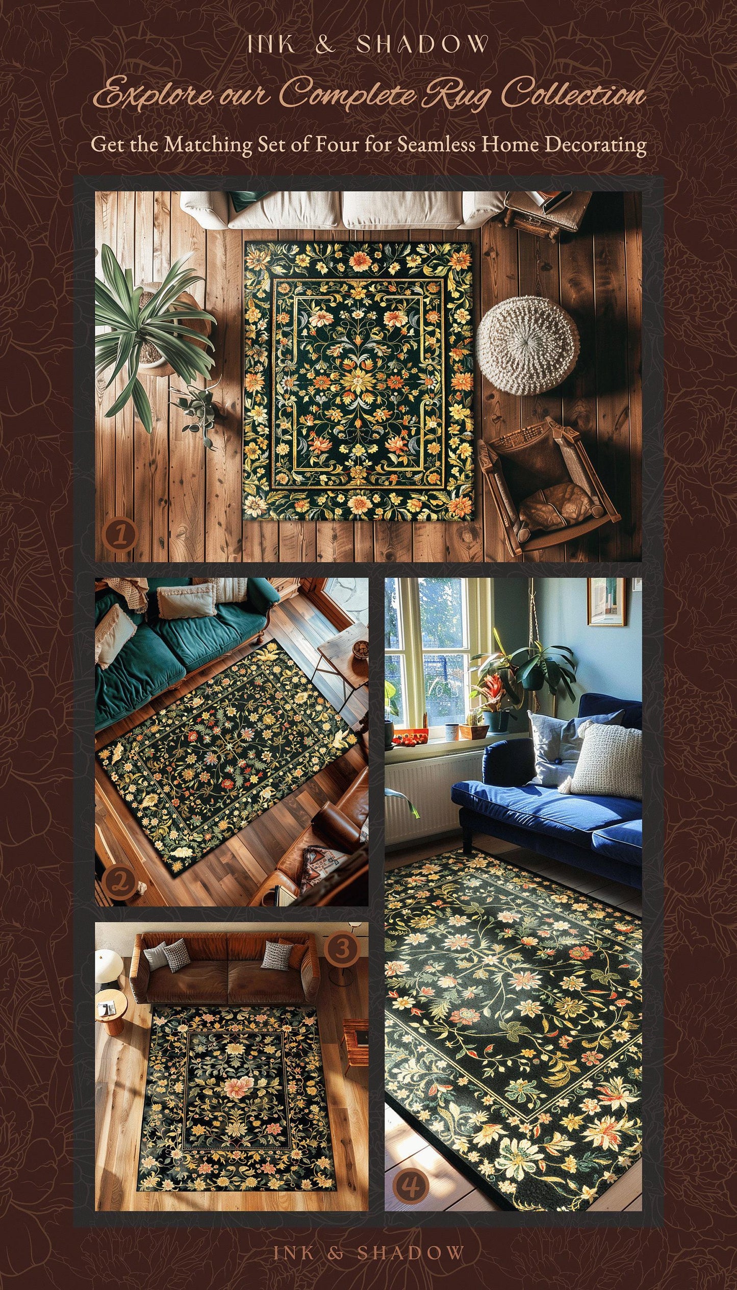 Boho Maximalist Wildflower Rug | Folklore Aesthetic Danish Home Decor Rustic Housewarming Gift Fairycore Bedroom Whimsical Living Room |