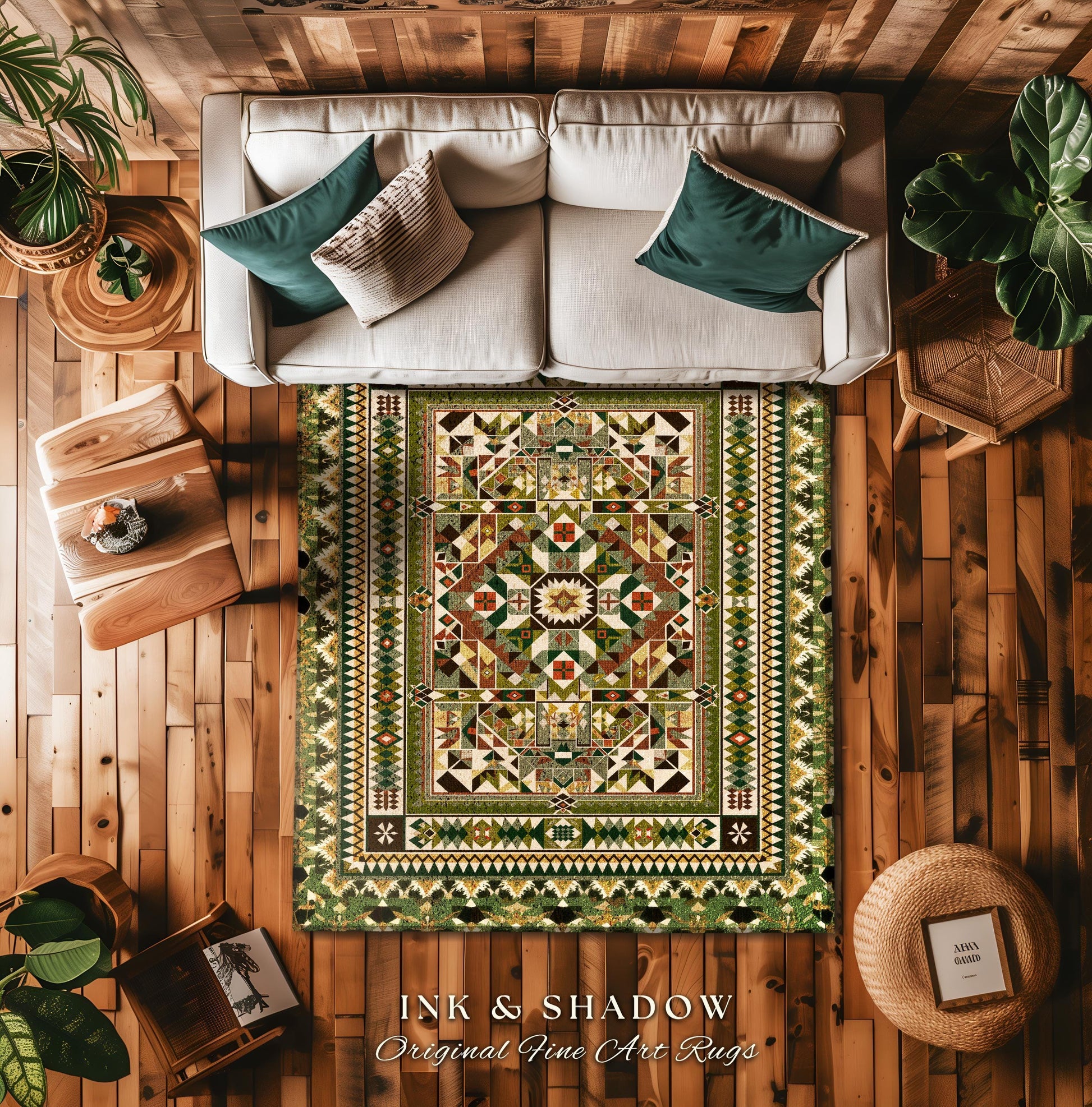 Natural Toned Geometric Area Rug | Warm Midcentury Styling Boho Accent Earth Palette Muted Color Interior Design Nordic Aesthetic Bohemian |