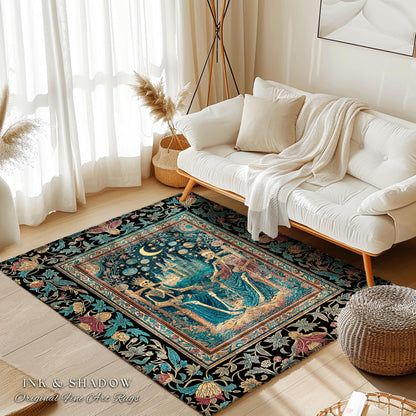 Starlit Skeleton Lovers Celestial Rug | Gothic Castle Whimsigothic Romance Cosmic Sky Baroque Magical King and Queen Bedroom Accent Moonlit