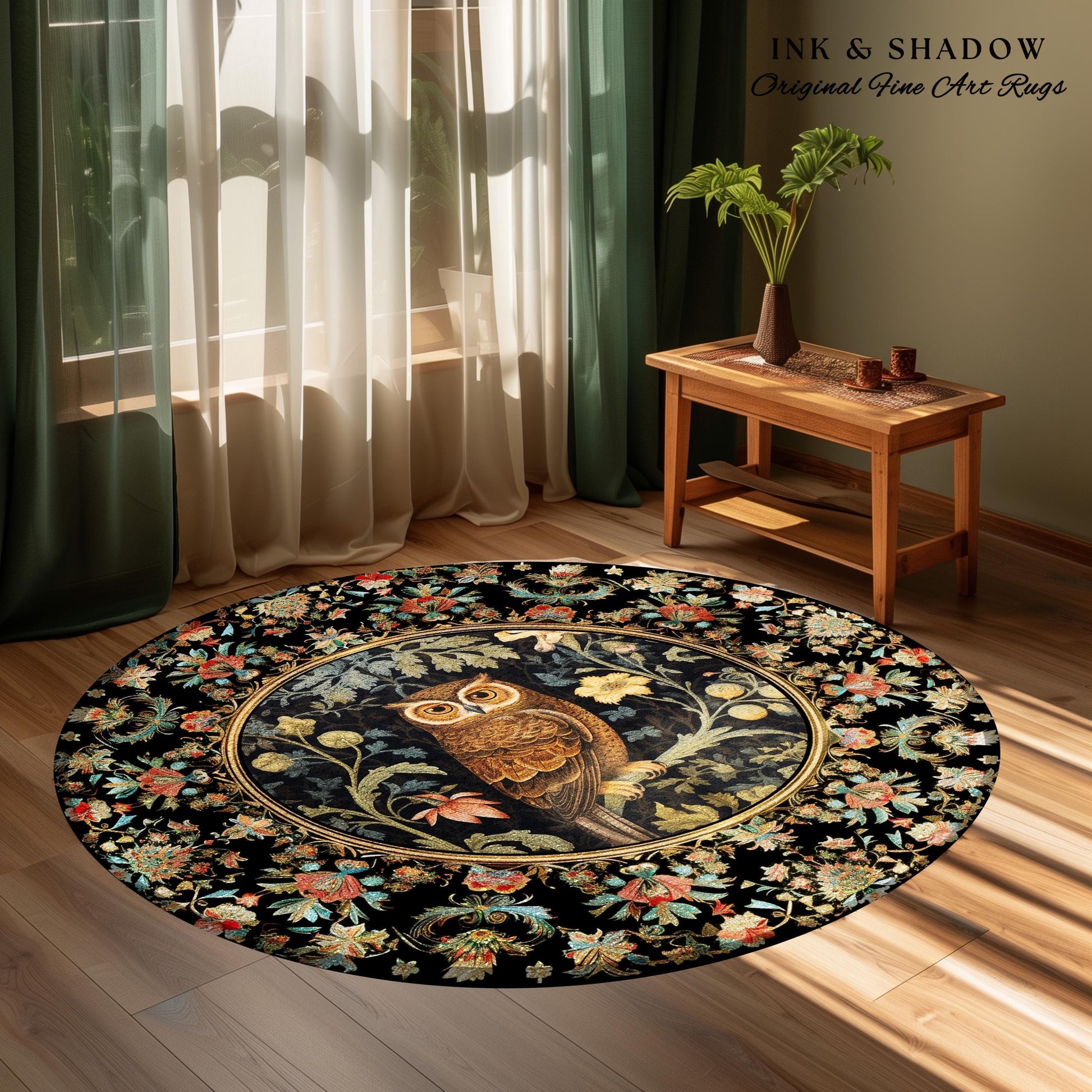 Woodland Floral Round Owl Rug Morris Inspired Forest Aesthetic | Fairycore Boho Bedroom Botanical Forestcore Art Whimsical Book Nook Owl Rug