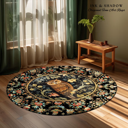 Woodland Floral Round Owl Rug Morris Inspired Forest Aesthetic | Fairycore Boho Bedroom Botanical Forestcore Art Whimsical Book Nook Owl Rug