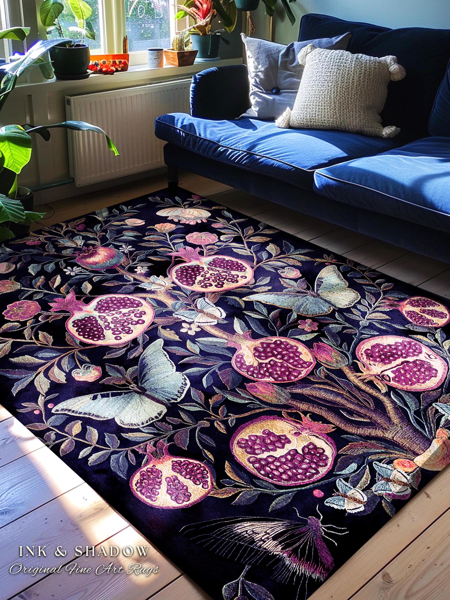 Whimsical Pomegranate Butterfly Rug Enchanted Woodland Victorian Gothic | Dark Academia Vintage Fairycore Botanical Art Ethereal Home Decor