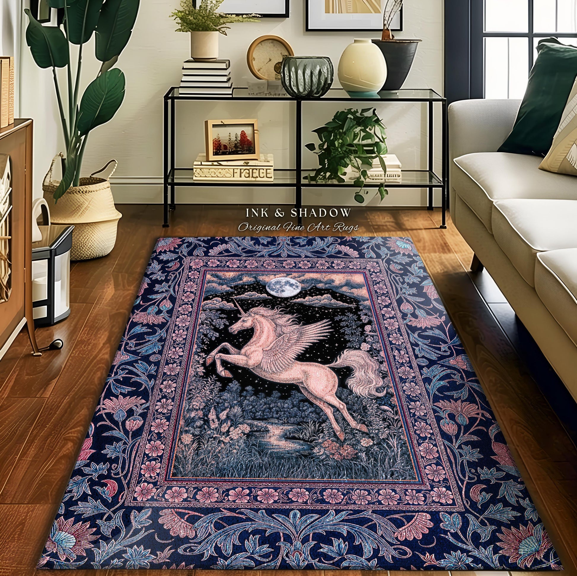 Pastel Dreamy Whimsical Unicorn Rug | Mystical Full Moon Fantasy Decor Baroque Fairytale Accent Regal Pegasus Castlecore Romantic Bedroom |
