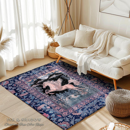 Pastel Dreamy Whimsical Unicorn Rug | Mystical Full Moon Fantasy Decor Baroque Fairytale Accent Regal Pegasus Castlecore Romantic Bedroom |