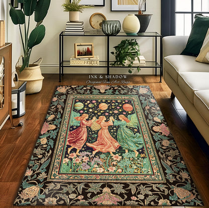 May include: A rectangular area rug with a dark background and a central image of three figures in flowing gowns dancing under planets and stars. The rug has a floral border and the text "INK & SHADOW Original Fine Art Rugs".