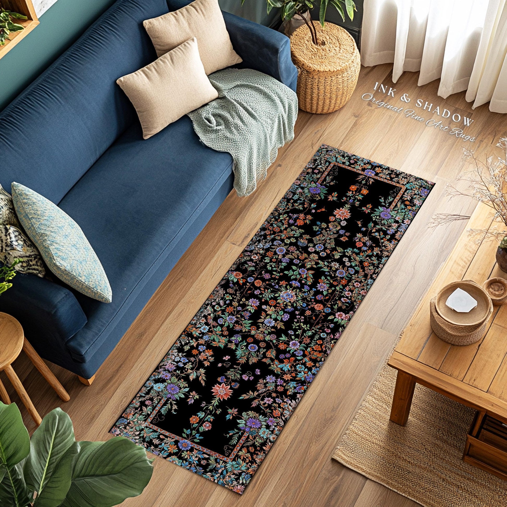 Jewel Tones Vintage Dark Academia Wildflower Rug | Floral Aesthetic Ornate Gothic Home Decor Whimsical Rustic Housewarming Gift Ethereal