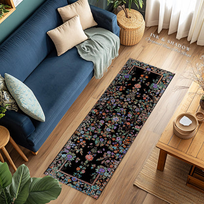 Jewel Tones Vintage Dark Academia Wildflower Rug | Floral Aesthetic Ornate Gothic Home Decor Whimsical Rustic Housewarming Gift Ethereal
