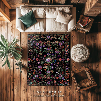 Jewel Tones Vintage Dark Academia Wildflower Rug | Floral Aesthetic Ornate Gothic Home Decor Whimsical Rustic Housewarming Gift Ethereal