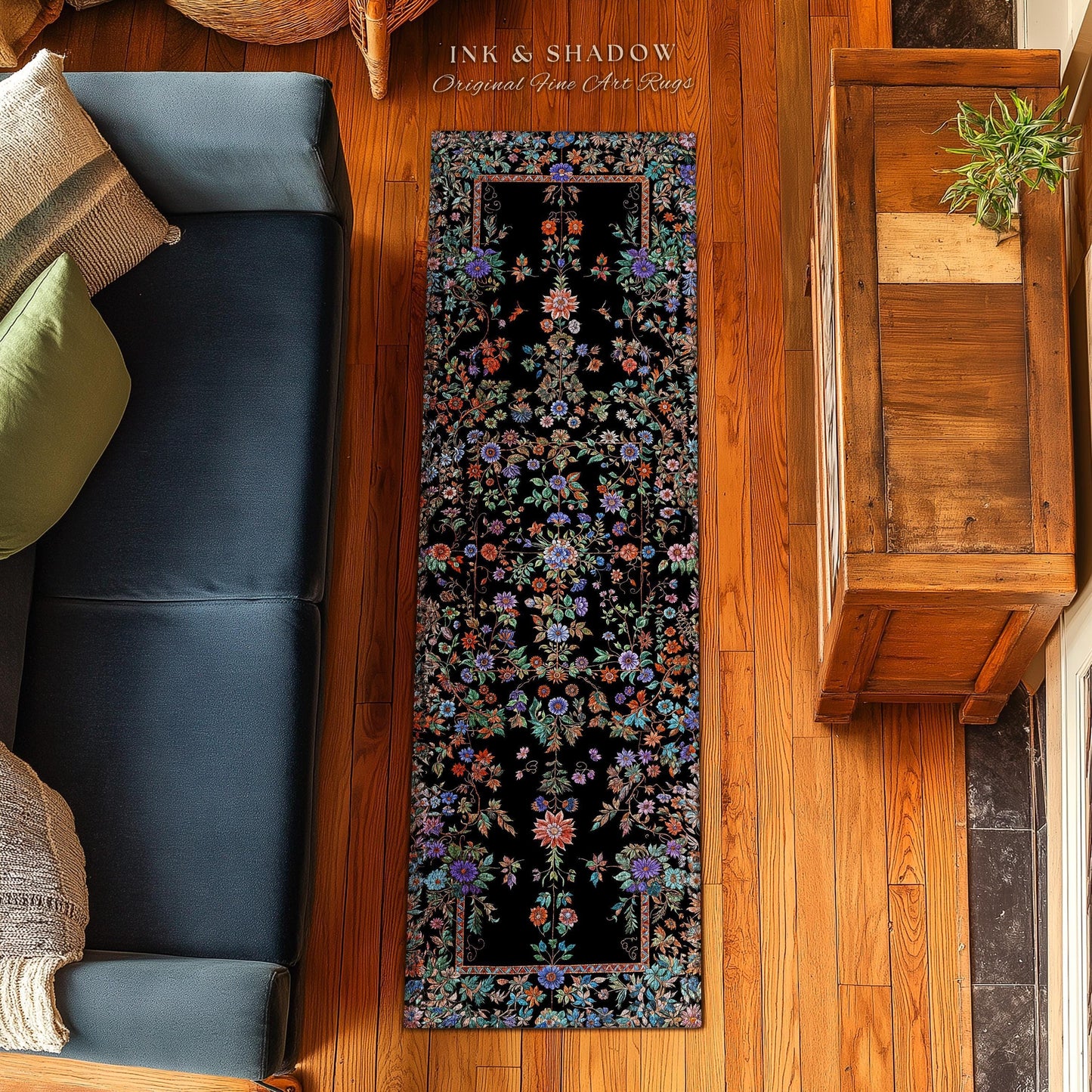Jewel Tones Vintage Dark Academia Wildflower Rug | Floral Aesthetic Ornate Gothic Home Decor Whimsical Rustic Housewarming Gift Ethereal