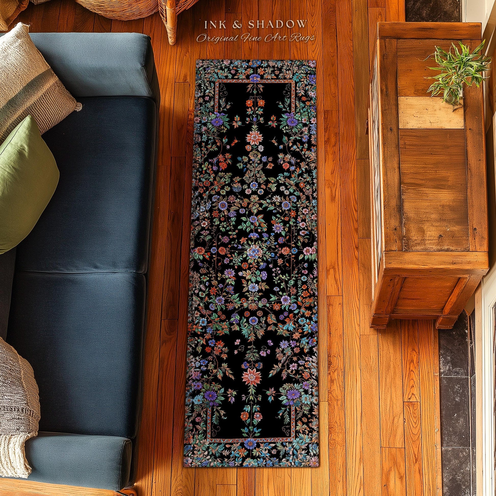 Jewel Tones Vintage Dark Academia Wildflower Rug | Floral Aesthetic Ornate Gothic Home Decor Whimsical Rustic Housewarming Gift Ethereal