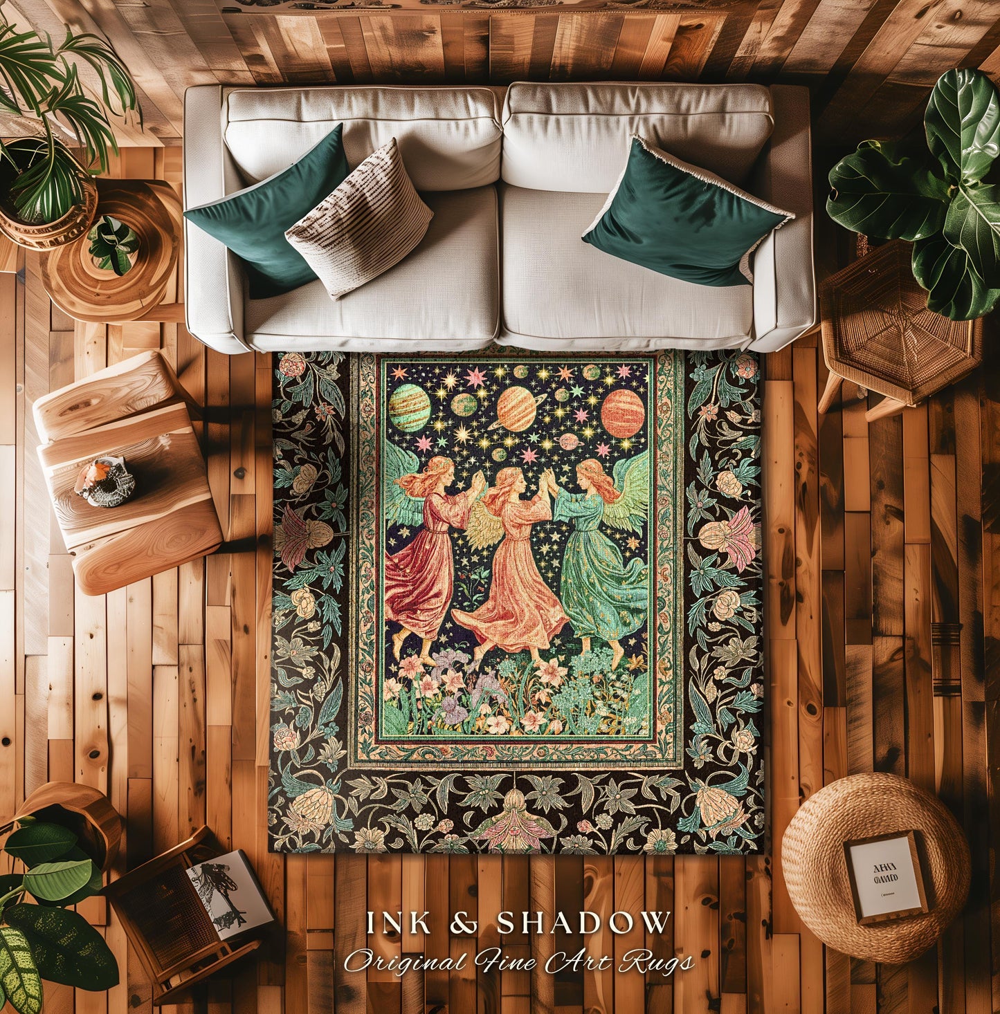 Astral Angels Whimsical Cozy Rug | Modern Medieval Fairycore Area Rug Enchanted Dreamy Cottagecore Dark Academia Aesthetic Bedroom Mystical