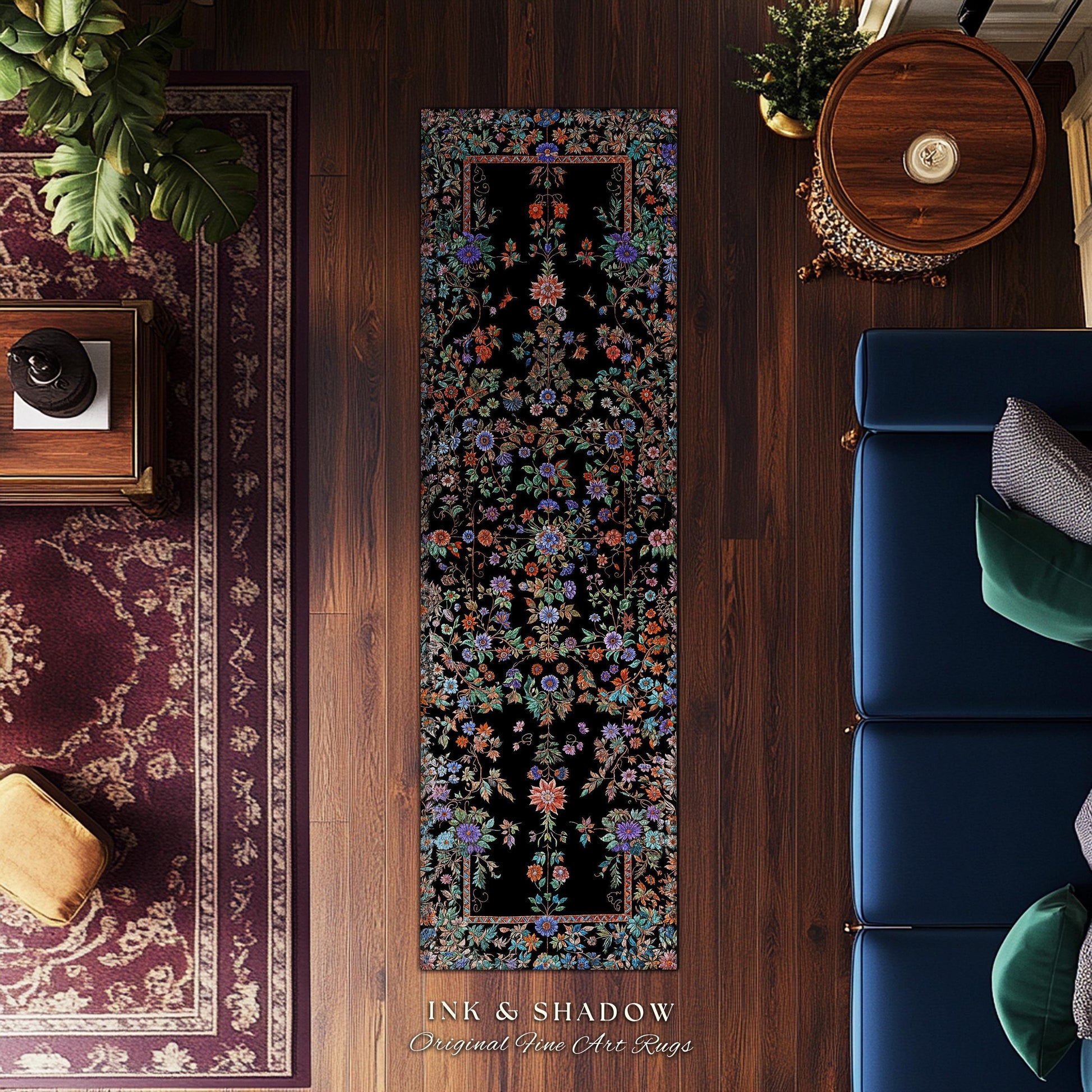 Jewel Tones Vintage Dark Academia Wildflower Rug | Floral Aesthetic Ornate Gothic Home Decor Whimsical Rustic Housewarming Gift Ethereal