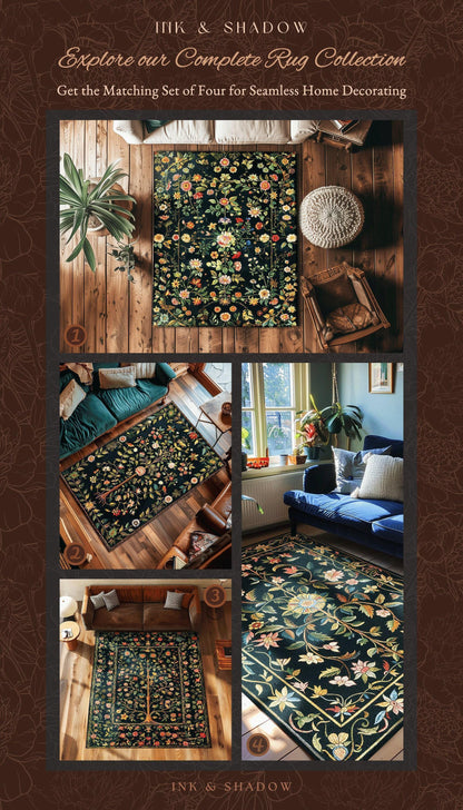 Jewel Tones Vintage Dark Academia Wildflower Rug | Floral Aesthetic Ornate Gothic Home Decor Whimsical Rustic Housewarming Gift Ethereal
