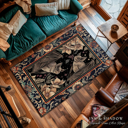 Dark Academia Mystic Bat Rug Woodland Gothic Victorian Decor | Enchanted Forest Bat Lover Nature Rug Celestial Boho Floral Cottagecore Decor