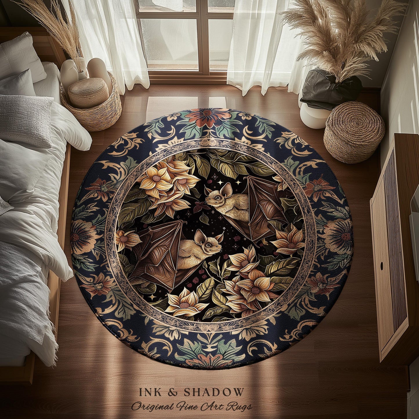 Dark Academia Mystic Bat Rug Woodland Gothic Victorian Decor | Enchanted Forest Bat Lover Nature Rug Celestial Boho Floral Cottagecore Decor