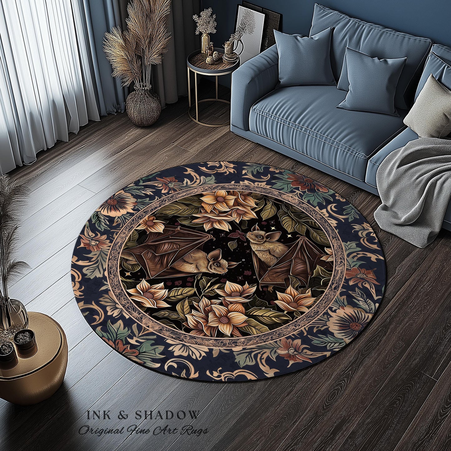Dark Academia Mystic Bat Rug Woodland Gothic Victorian Decor | Enchanted Forest Bat Lover Nature Rug Celestial Boho Floral Cottagecore Decor