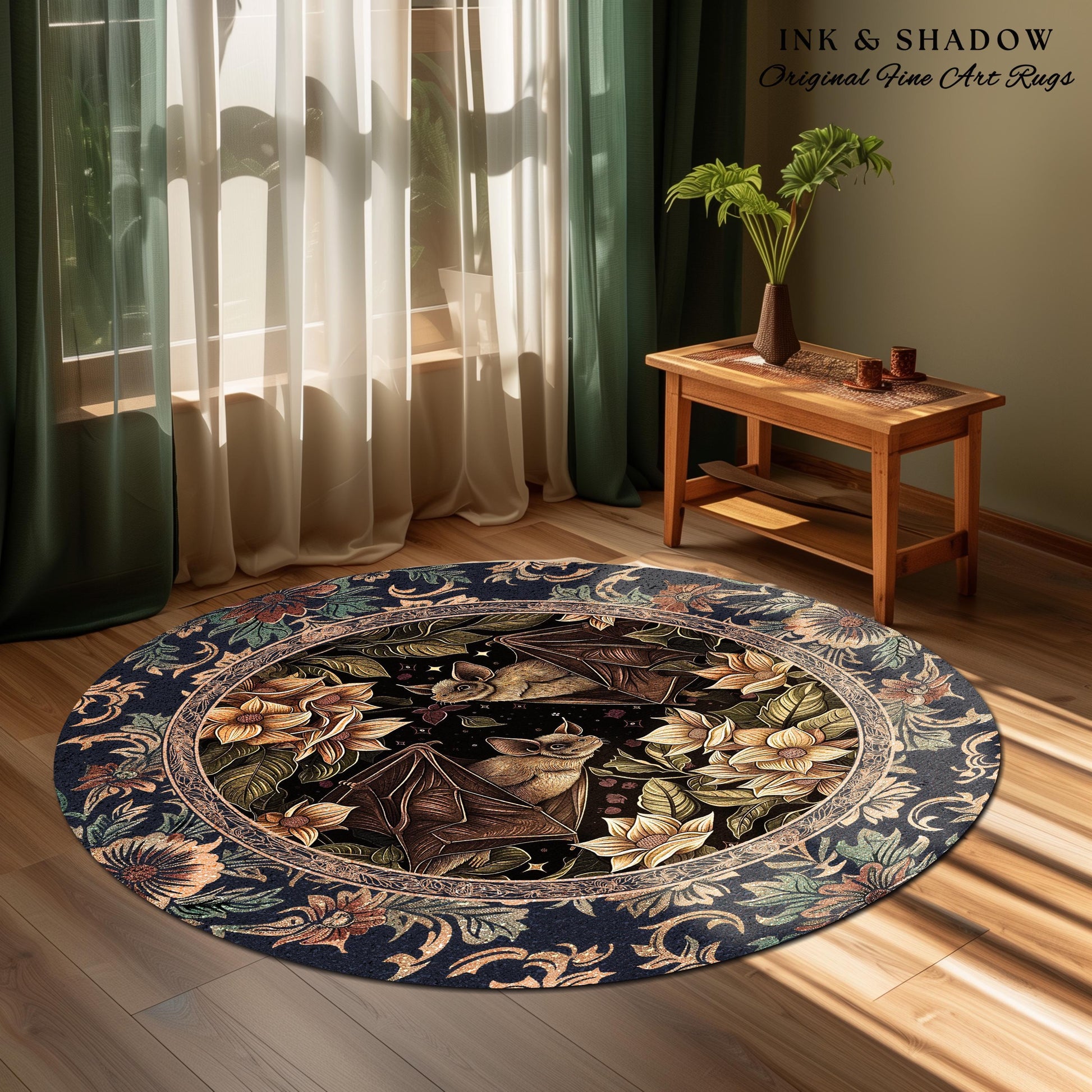 Dark Academia Mystic Bat Rug Woodland Gothic Victorian Decor | Enchanted Forest Bat Lover Nature Rug Celestial Boho Floral Cottagecore Decor